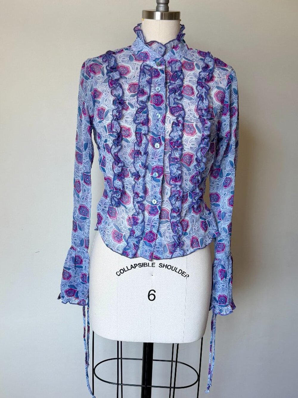 Vintage Clio Ruffle Blouse | Blue Pink Floral Button Up Top | Size 4 | USA